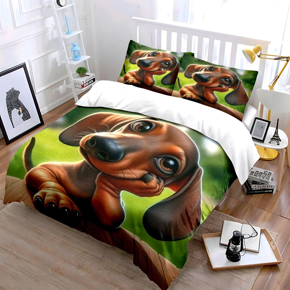 Cute Dachshund With Its Head Hanging Down Pattern Duvet Cover Set Digital Print Colorful Polyester Bedding With Zipper Closur