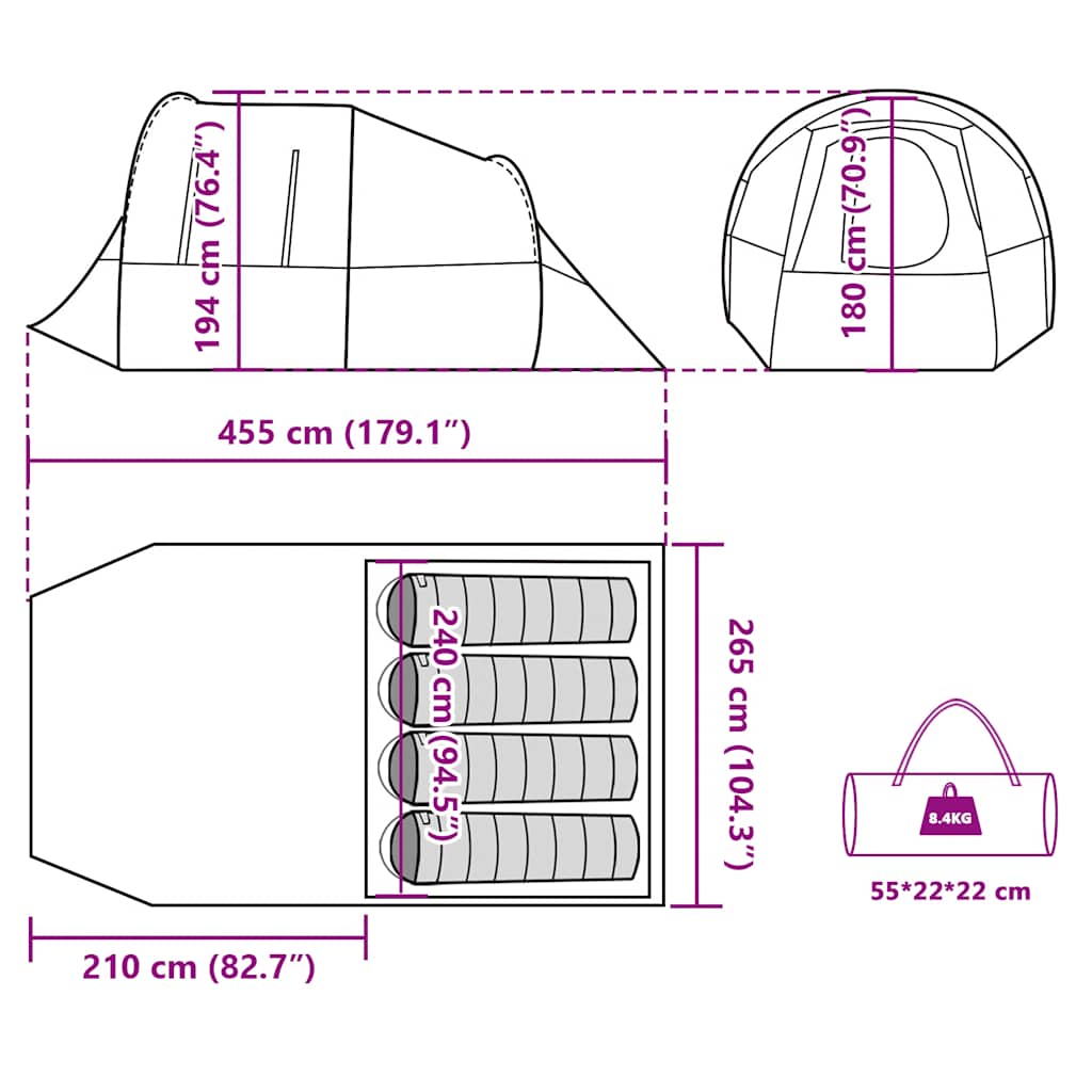 Tunnel Tent for 4 Persons Green Waterproof