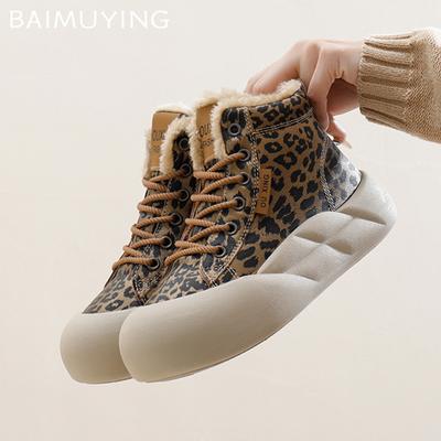 Женские зимние ботинки на платформе с леопардовым принтом и шнуровкой, дизайнерские туфли на плоской подошве из хлопка, модные короткие теплые зимние ботинки 2025 года из плюша
