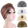 Women Top Hat Rhombus Rhinestones Decor Pleated Turban Hat Golden Plated Embellished Hat Elastic Design Headwear