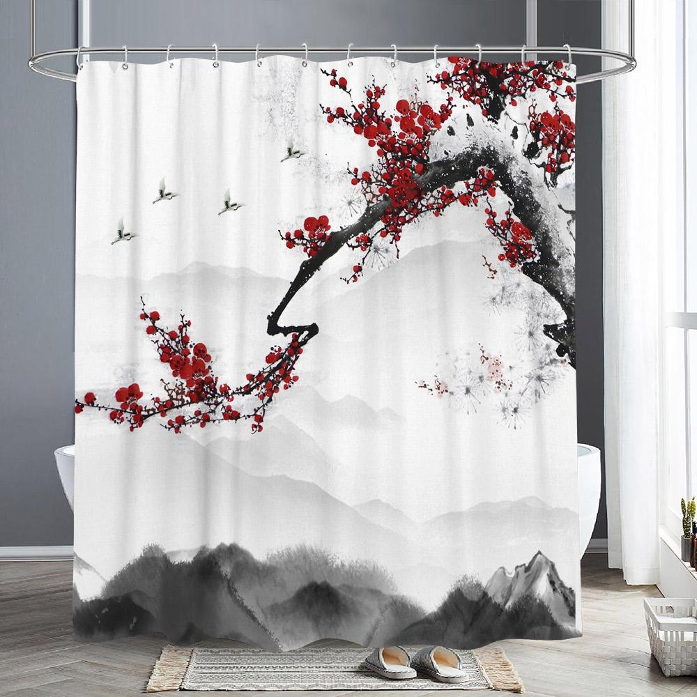 Ветка цветущей красной сливы Японская китайская занавеска для душа Восточное солнце Туманные горы Чернила Природа Пейзаж Ванная комната Искусство Шторы