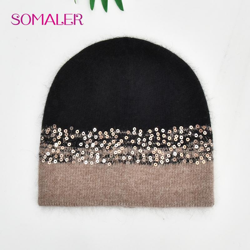 SOMALER Зимние шапки для женщин Теплая вязаная шапка из ангоры Модная шапка-бини с пайетками Толстая длинная шапка-ушанка из кроличьего меха
