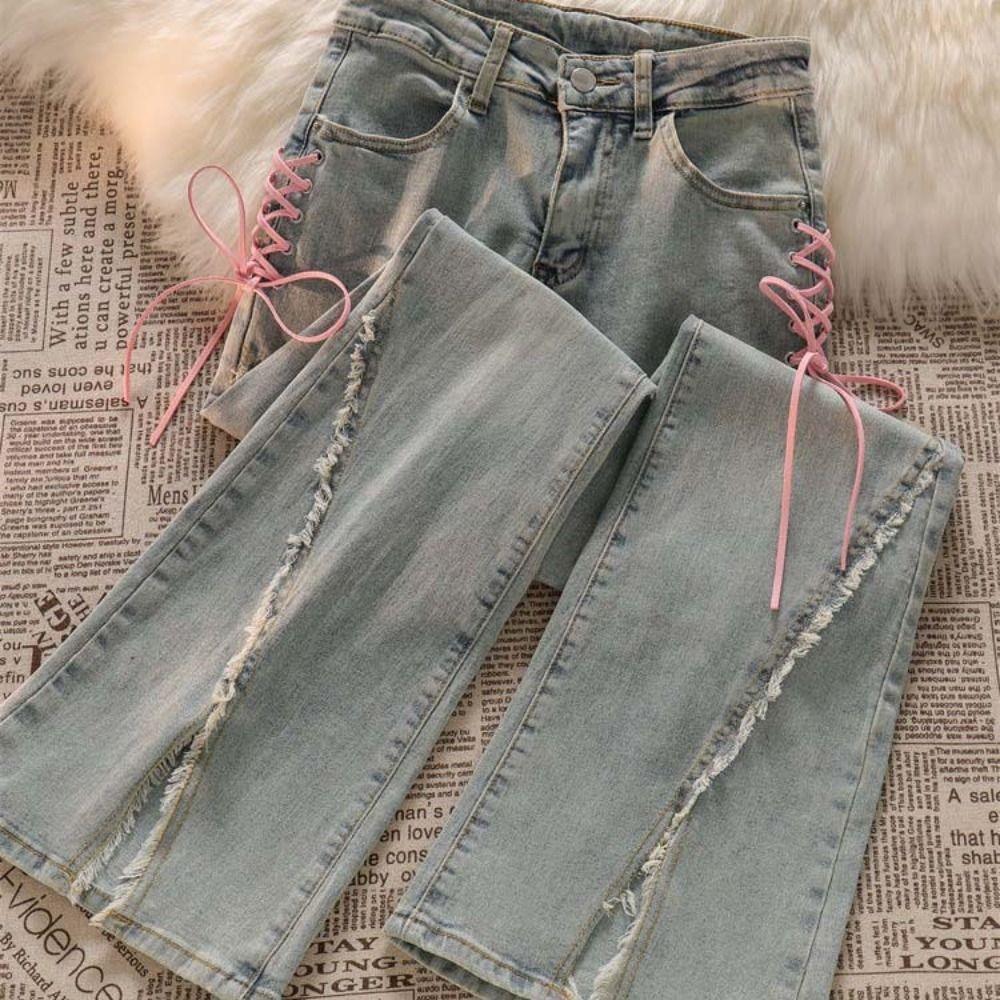 Wide Leg Y2k Bow Denim Jeans Lace Tied-up Split Fork Denim Pants Soft High Waist Pants Girls