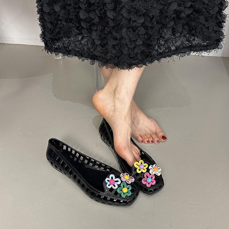 Transparent Crystal Jelly Sandals Hollow Out Slippers Korean Style Flat Shoes Women's Square Toe Shallow Slip On Ballet Loafers