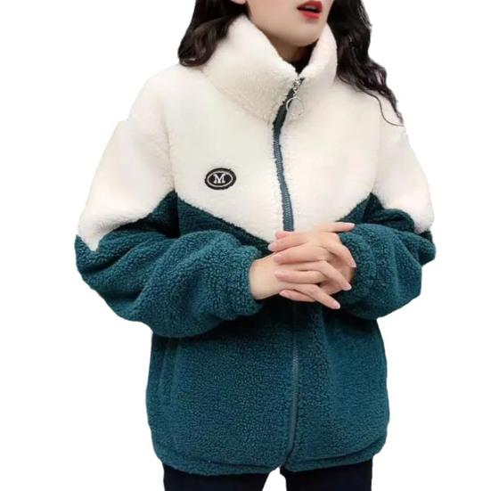 Women Winter Fall Coat Thickened Plush Color Matching Stand Collar Zipper Closure Long Sleeve Casual Cardigan Warm Heat Retention Pockets Lady
