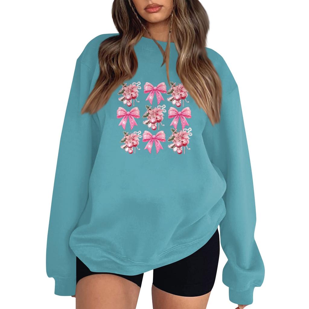 Women's Fashion Long Sleeve Loose Bowknot Printed Round Neck Sweatshirt