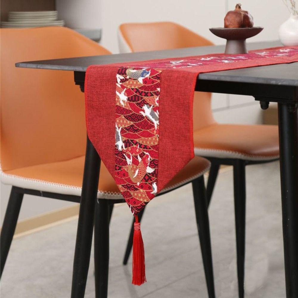 With Tassel Red Chinese Style Table Runner Cotton Linen Table Cover TableCloth  Wedding Party