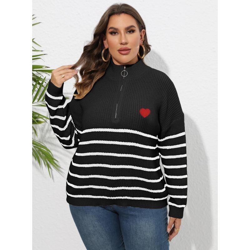 Женский осенне-зимний свитер большого размера в полоску в стиле пэчворк с полувысоким воротом на молнии