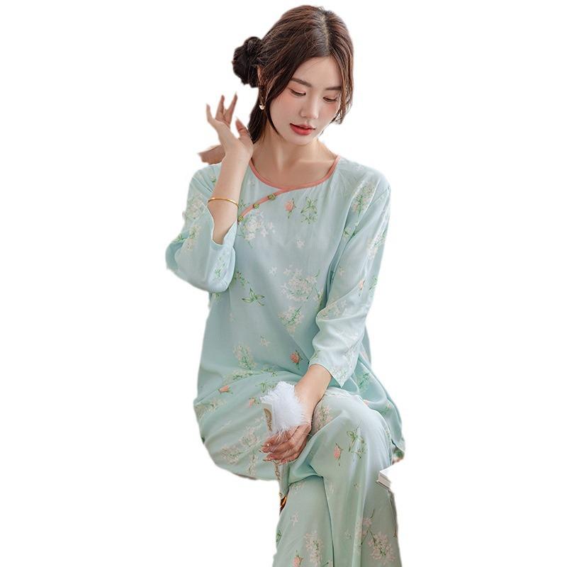 Pajamas women's spring and autumn silk new Chinese loungewear can be worn outside the national style middle-aged and elderly mother's cotton and silk