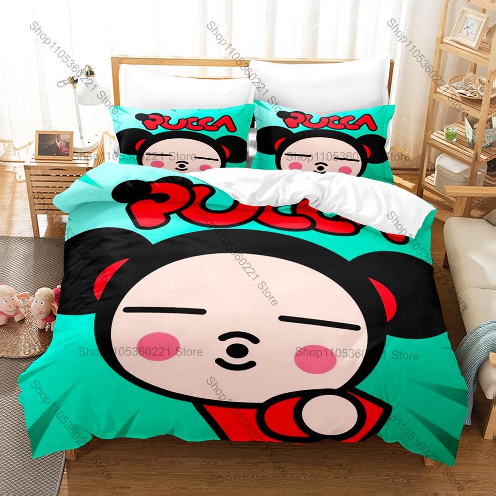 Милый пододеяльник с принтом персонажа Pucca + 2 наволочки, Уютный комплект постельного белья из микрофибры, Идеально подходит в качестве сюрприза для любителей аниме
