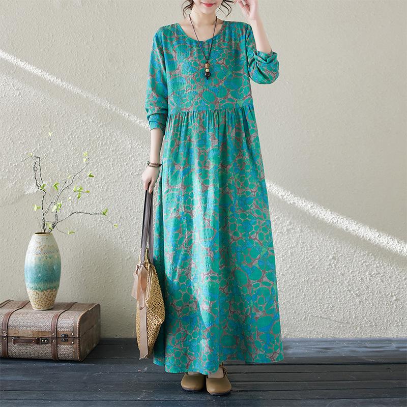 Весна Осень Цветочный Принт Круглый Вырез Ретро Свободное Длинное Платье Длинный Рукав Хлопок Льняное Платье Женская Одежда