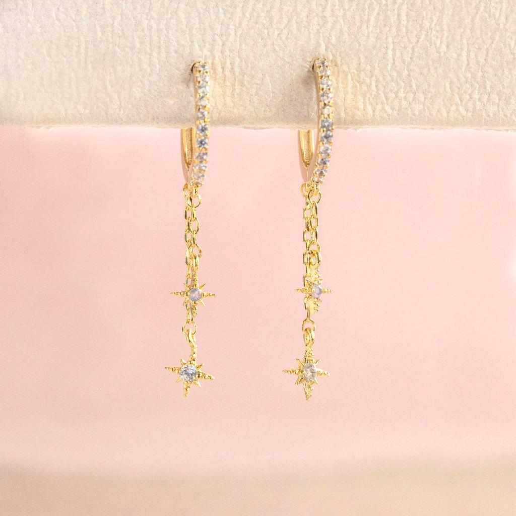 "Elegant Copper Zircon Star Chain Earrings, 18K Gold-Plated, Artistic Design"