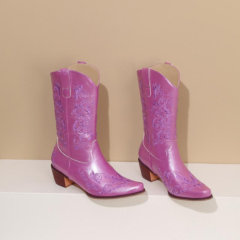 Вышитые короткие ботинки в стиле вестерн, женские ковбойские сапоги до середины голени, модные блочные каблуки, квадратный носок, без застежек, зимняя осенняя обувь