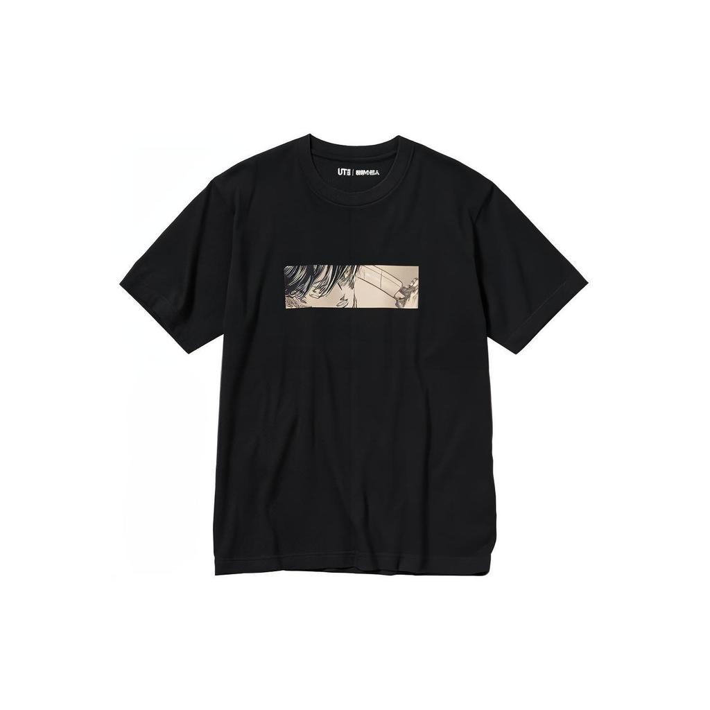 Uniqlo X Атака титанов Коллаборация Осень/Зима 23 Комикс Аватар Баннер Принт Круглый вырез Короткий рукав Футболка Унисекс Топы Черный 468530-09