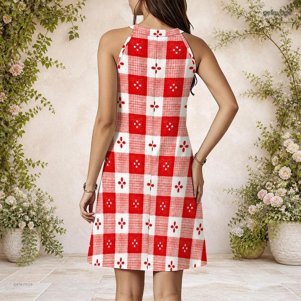 Women Plus Size High Round Neck Sleeveless Beige Brown Plaid Printed Flared Dress
