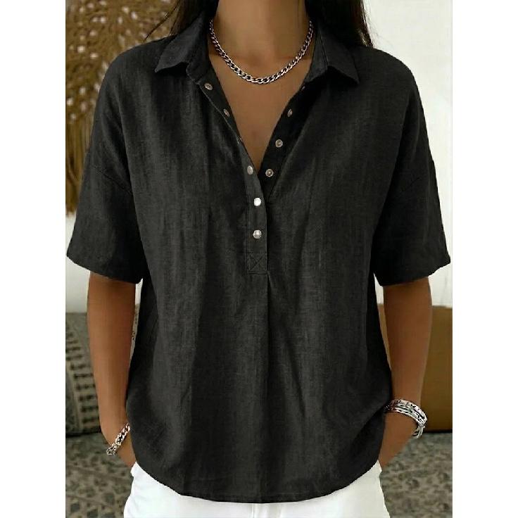 2026 Summer New Women's Loose and Comfortable Turn-down Collar Short-sleeve Solid Color Shirt