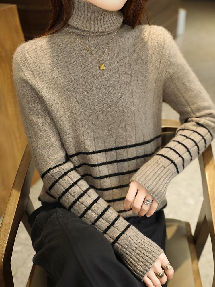 2026 A/W Women's High Neck 100% Wool Patchwork Sweater - Thick, Slim Fit, Versatile Knitwear