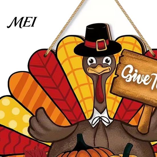 Weather-resistant Thanksgiving Sign Wooden Sign, Turkey and Pumpkin Welcome Wall Hanging Decor with "Give Thanks" Waterproof Holiday , Rustic