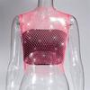 Leqoel Sexy Mesh Out Backless Tank Hollow Summer Rhinestones Tops New Fashion Party See Through Fishnet Crop  for Women