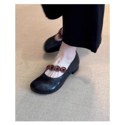 Версия из овчины нишевые ретро круглый носок толстый каблук одинарные туфли женские универсальные пуговица эластичная лента открытый вырез мягкая кожа туфли Мэри Джейн