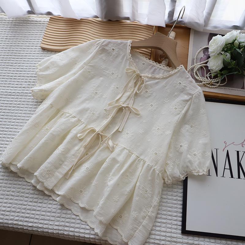 Би Чжэн 2025 Блузка с вышивкой, полыми кружевами и рукавами-буфами для женщин