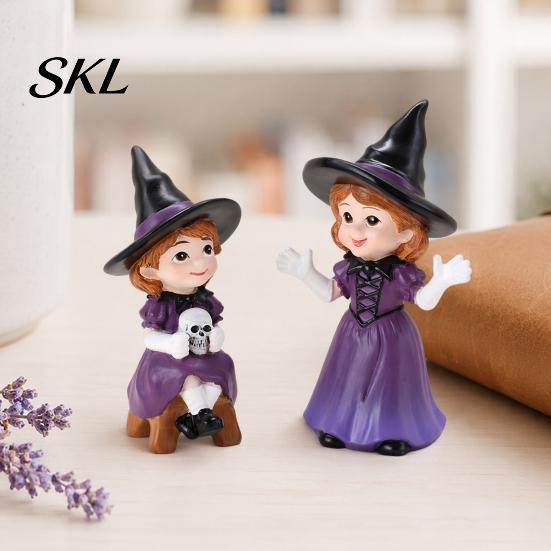 Hand Painted Resin Figures 2PCS Purple Witch Statues, Halloween Ornaments, Miniature Ornaments Scenes Cute Figurines, for Home Desktop Decoration