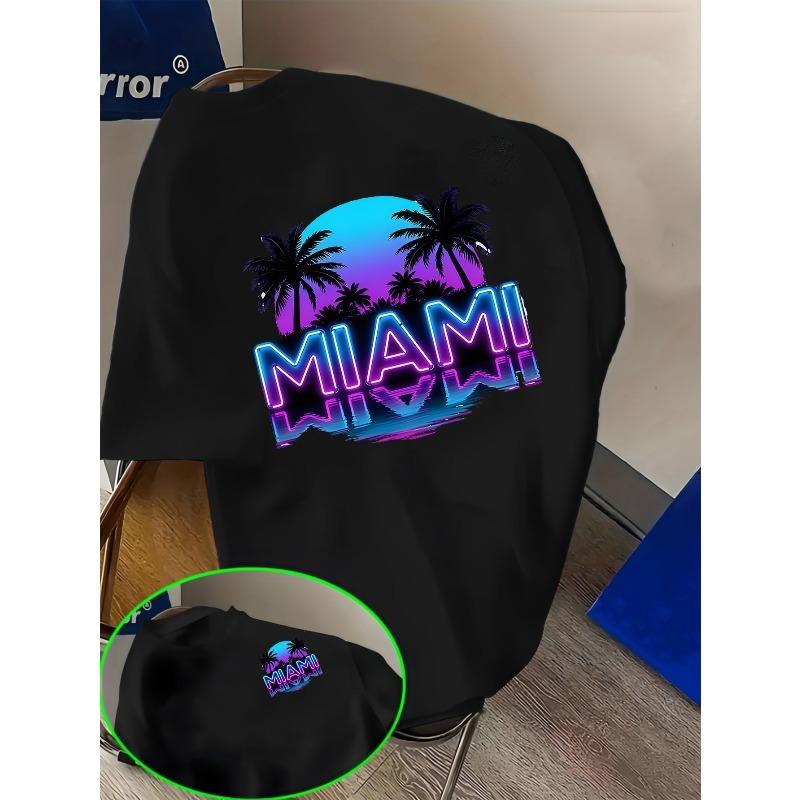European sizes "Beach MIAMI" Print Short-sleeved T-shirt for Boys, Children; Summer Boys' Top, Casual Style, Suitable for Boys