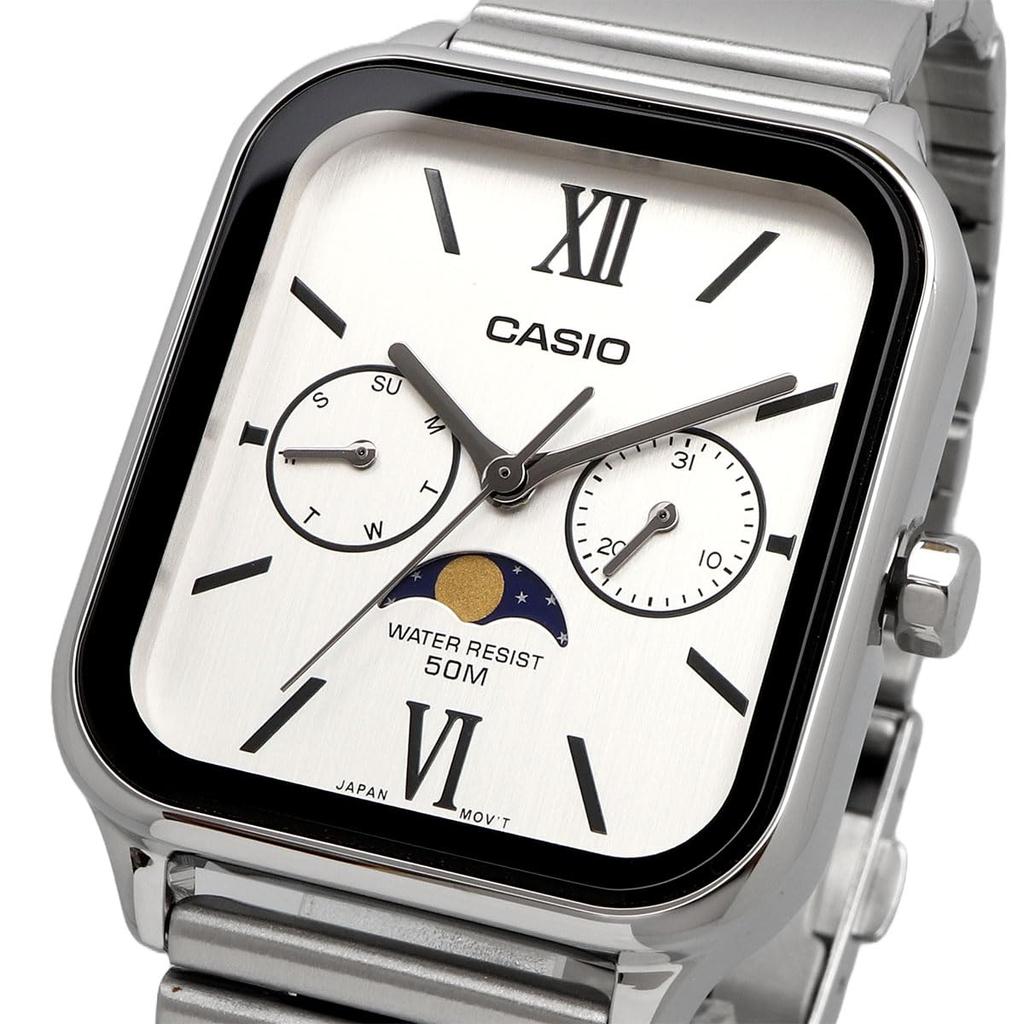 Casio Стандартные аналоговые мужские часы с фазами луны MTP-M305D-7A2V Металлический ремешок Серебристый