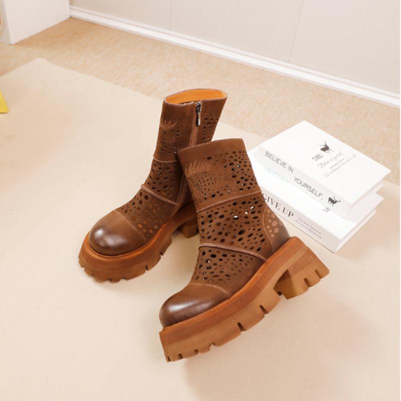 Johnature High End Retro Hollowed Out Short Boots Genuine Leather Versatile Breathable Women's Shoes