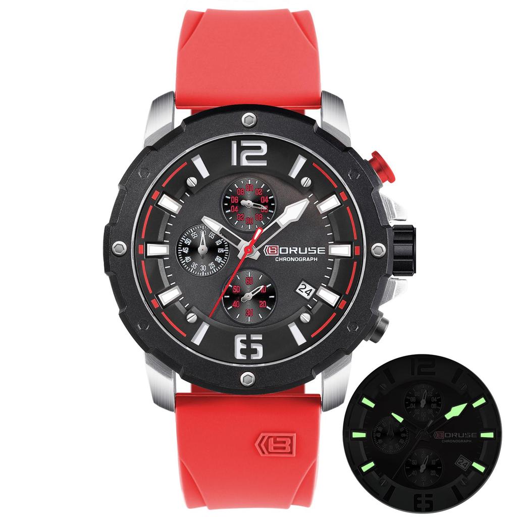 BORUSE Мужские часы Мужские часы с большим циферблатом Силиконовый ремешок Мужские кварцевые часы Классические деловые часы Многофункциональные часы-хронограф
