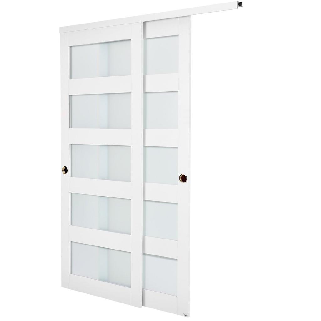 Sliding Closet Door, 1524mm (Double 787mm) x 2032 mm, 5-Lite Frosted Glass Bypass Sliding Doors with Hardware Kit, Solid Wood & MDF Slab with