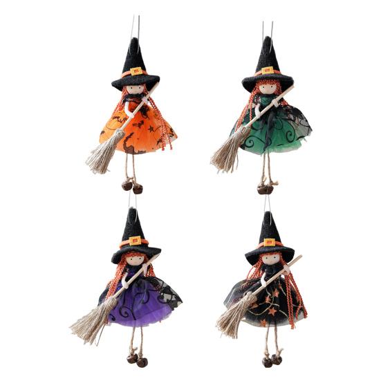 Halloween Witch Doll Decor with Broom Small Witch Figurine with Gauze Skirt Kitchen Hanging Witch Ornament for Room Door Window Halloween Decor