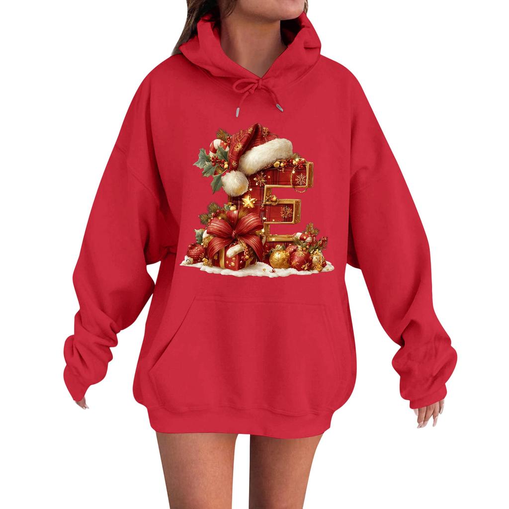 Women's Casual Comfortable Long-Sleeved Christmas Letter-Printed Warm Hooded Crew-Neck Sweatshirt