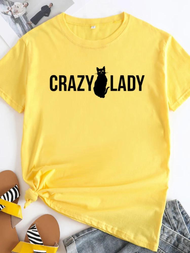 Crazy Lady Cat Print Женская футболка с коротким рукавом и круглым вырезом Свободная женская футболка Женская футболка Топы Camisetas Mujer