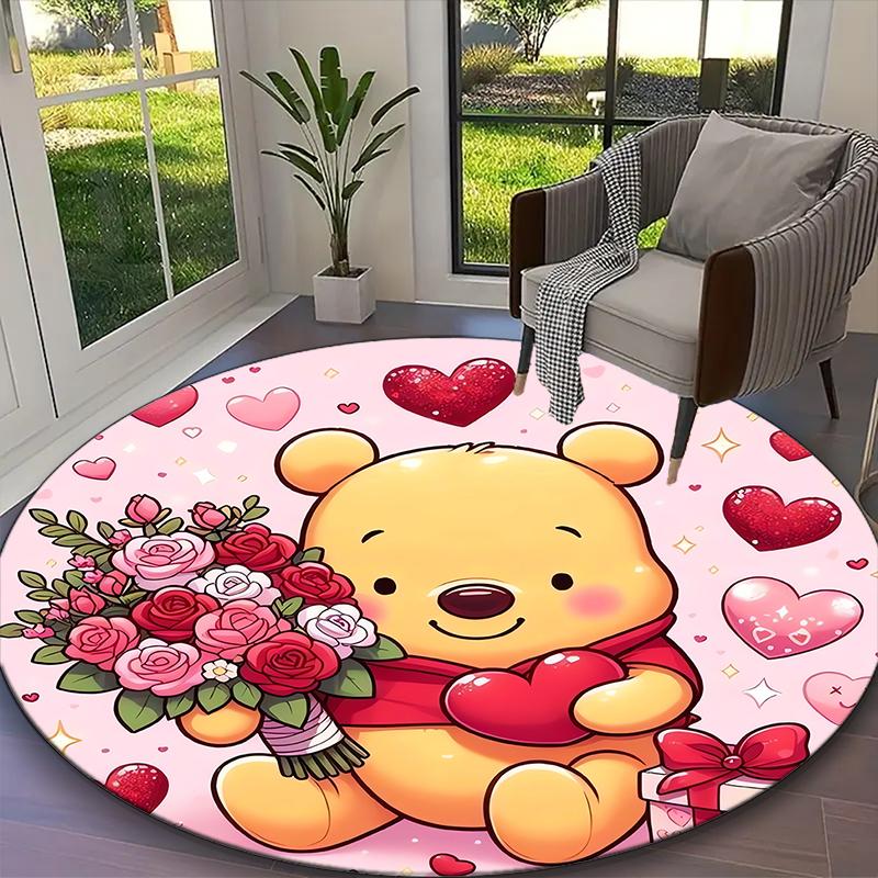 1pc Office Carpet, Pooh Bear Pink Castle Floral Chair Rug, Living Room Printed Round Rug, Home Chair Floor Mat
