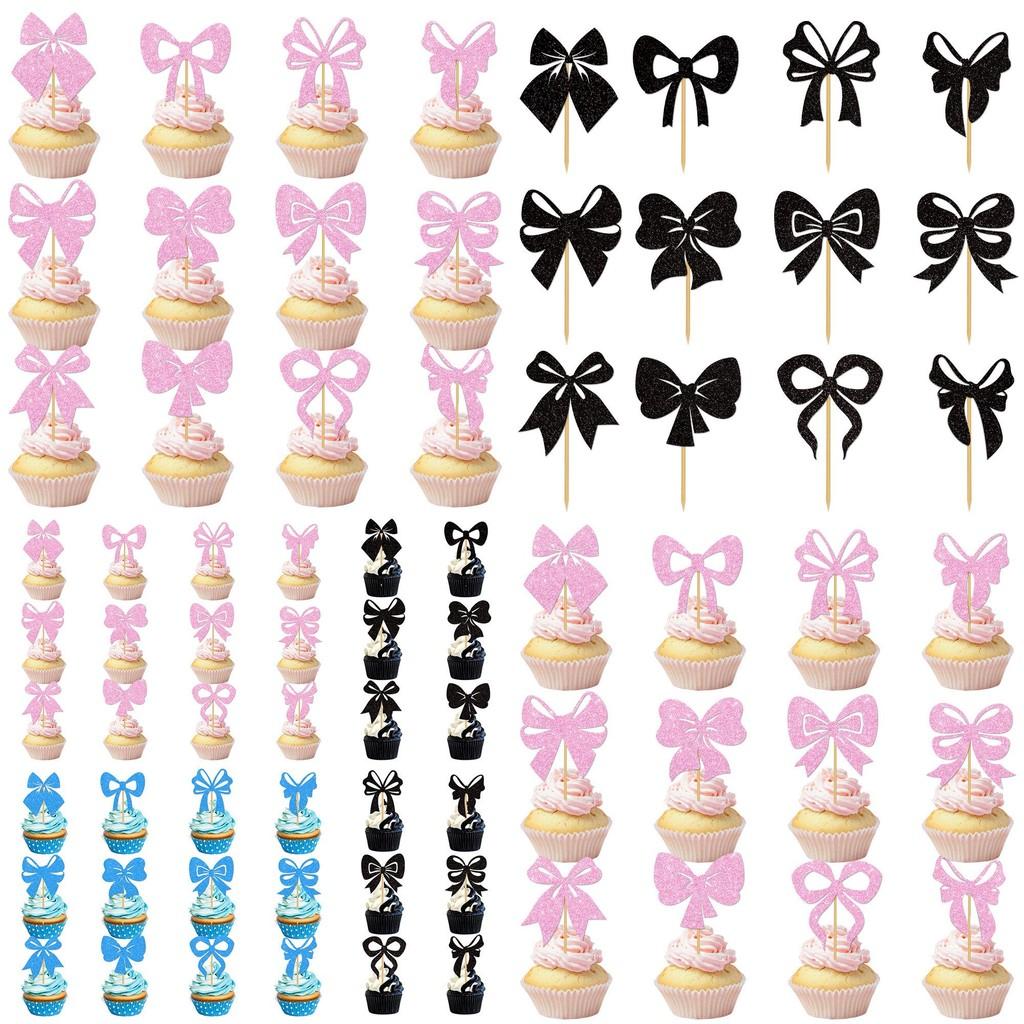 Birthday Party Cake Decoration With Gold Glitter Paper Bows And Flags For Festive Celebration