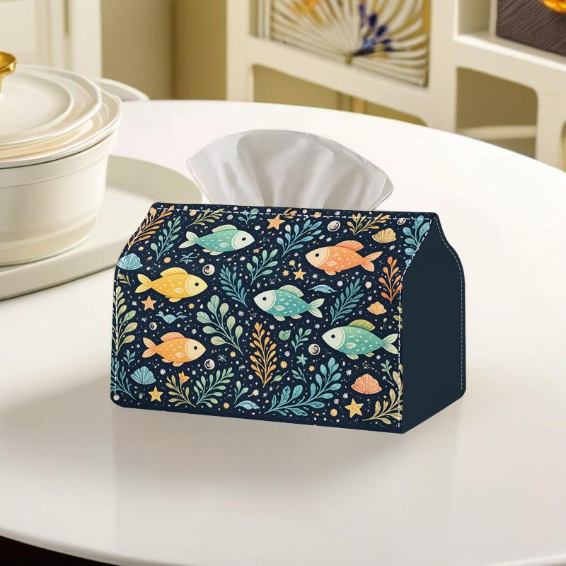 1pc 2D Flat Printing Marine Style Small Fish Seaweed Shell Pattern Tissue Box, Suitable for Living Room, Bedroom, Dining Room, Study, Polyester Materi