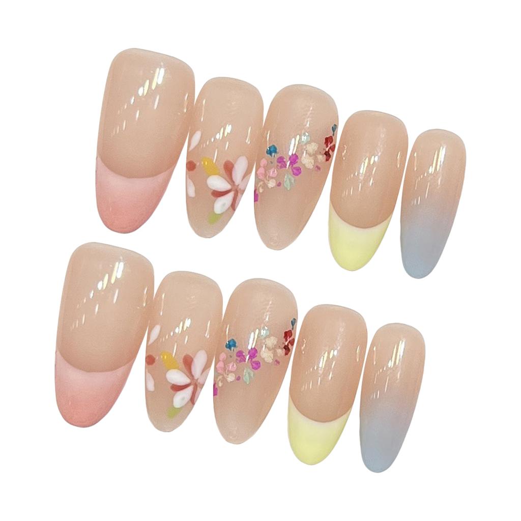 10Pcs Oval French Style Colored Dried Flower Handmade Fake Nails For Women
