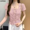 Women Square Neck Short Sleeve Ruffled Solid Color Casual Cropped Blouse Tops
