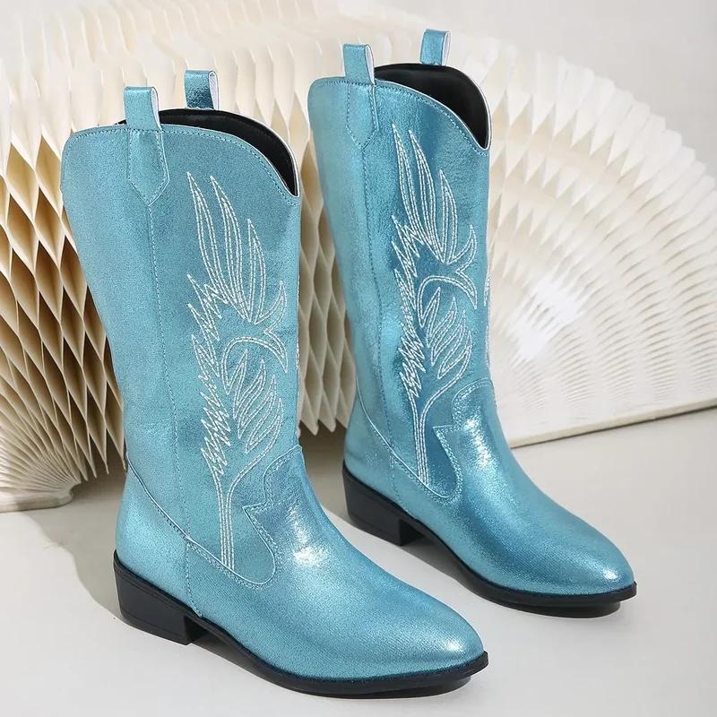 Women Fashion Slip On Knight Boots Ladies Autumn Winter Thick Sole Knight Shoes Pointed Toe Square Heel Embroidered Cowboy Boots