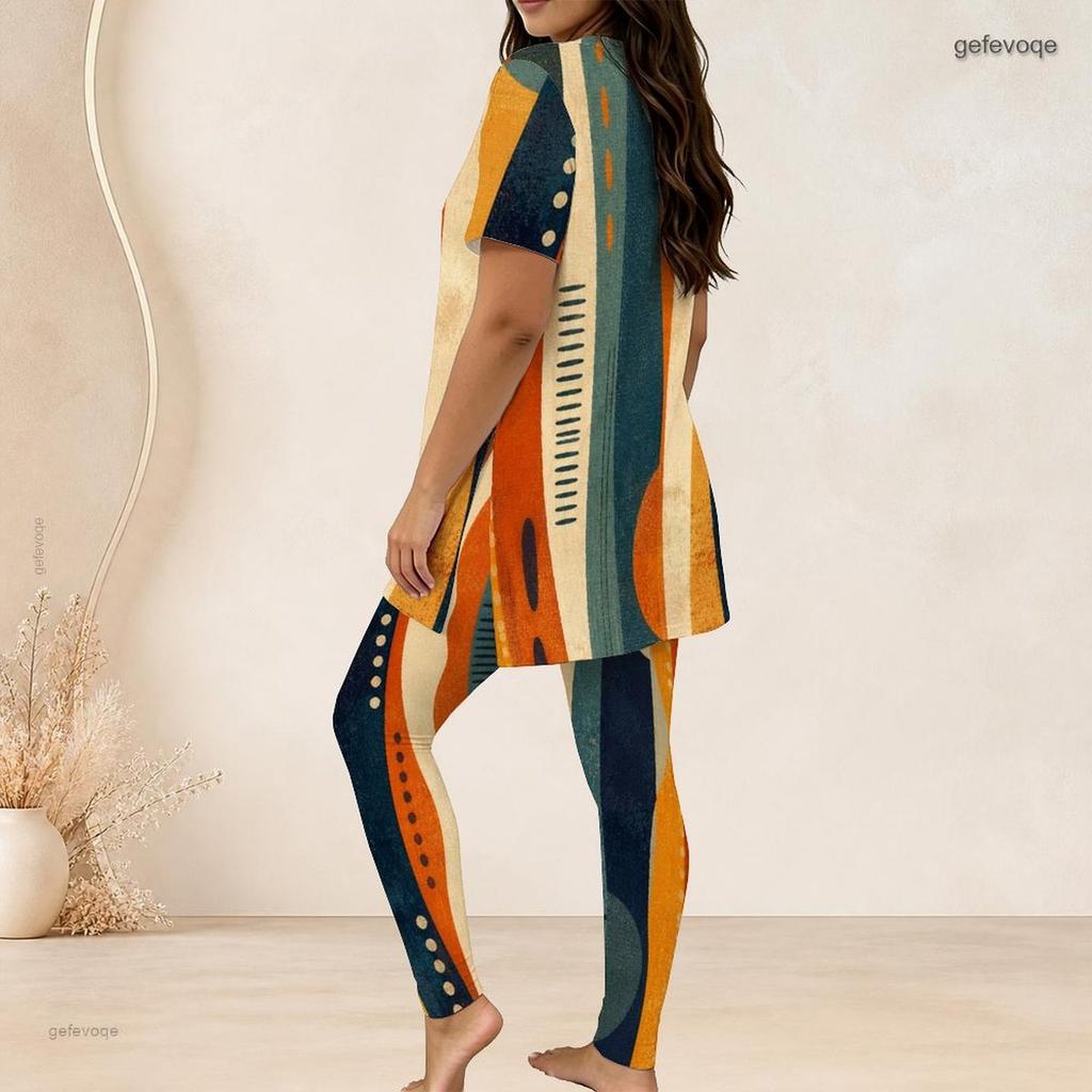 Women Plus Size Geometric Printed Round Neck Short Sleeve Long Top Fitted Pants Two Piece Set