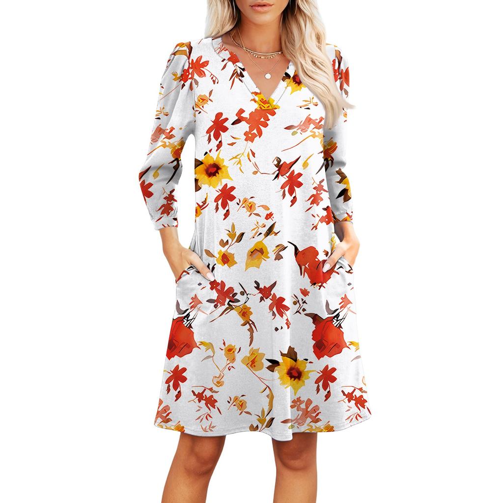 Женское модное платье с V-образным вырезом, повседневное пляжное платье с рукавами три четверти и цветочным принтом