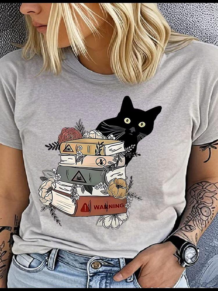 Unisex 100% Polyester Black Cat Print T-Shirt Loose round Neck Casual Short Sleeve Fashion Top for Summer Vintage Artistic Style