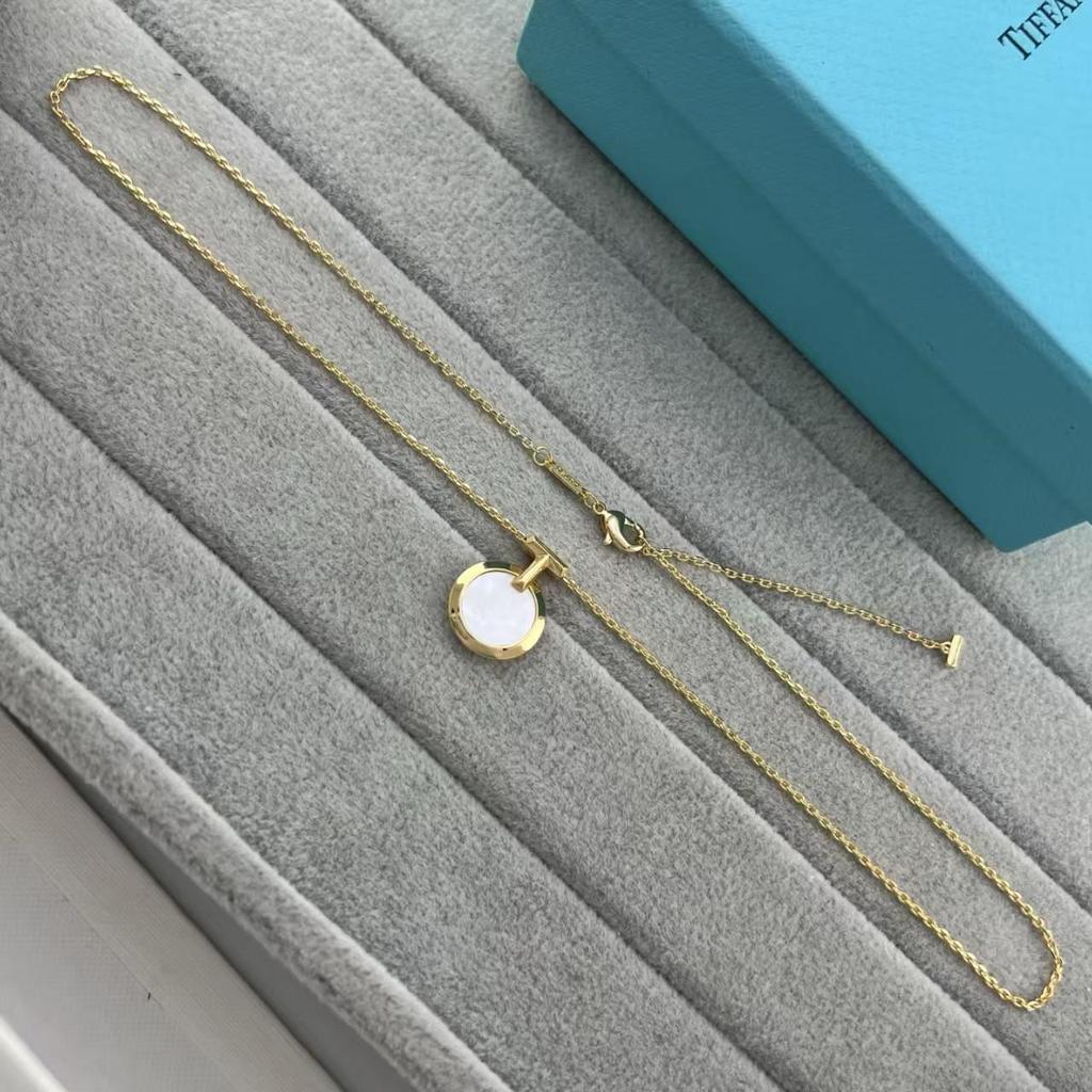 European & American T-shaped Gold Round White Mother-of-Pearl Turquoise Necklace - High-End, Colorfast Clavicle Chain