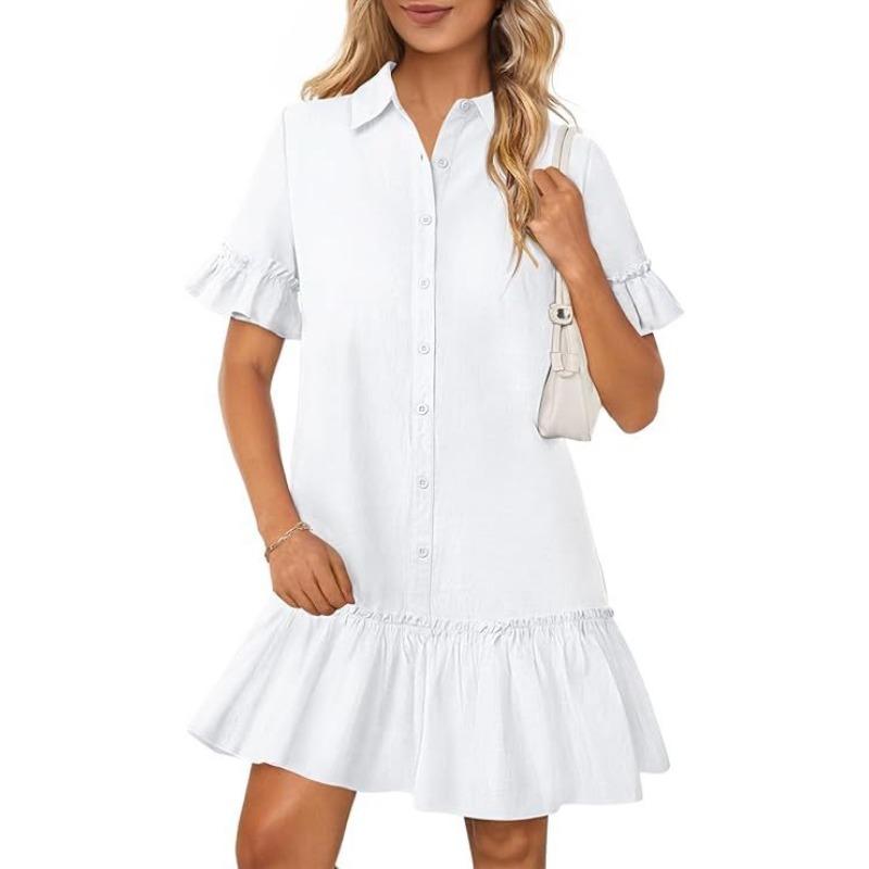 Lapel Collar Full Button Front Shirt Ruffle Straight Loose Shift Dress With Side Pockets Preppy College Style Breathable Vacation Flowy Women Sundress