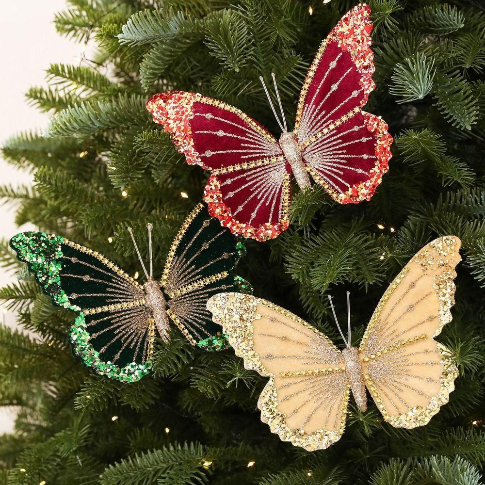 Multicolor Butterfly Ornament Flocked Fabric Flocked Butterfly Decor For Xmas Holiday
