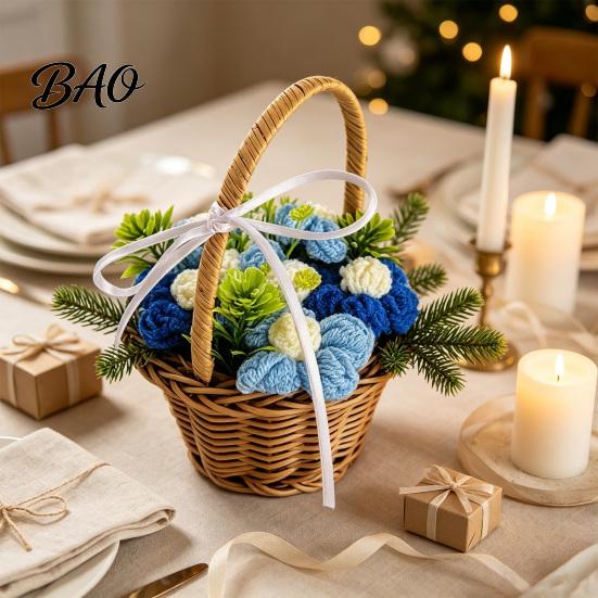 Portable Small Flower Basket Hand Knitted Wool Basket, Decorative Mini Crocheted Floral with Exquisite Desktop Ornaments Ribbon, Plant Ornament
