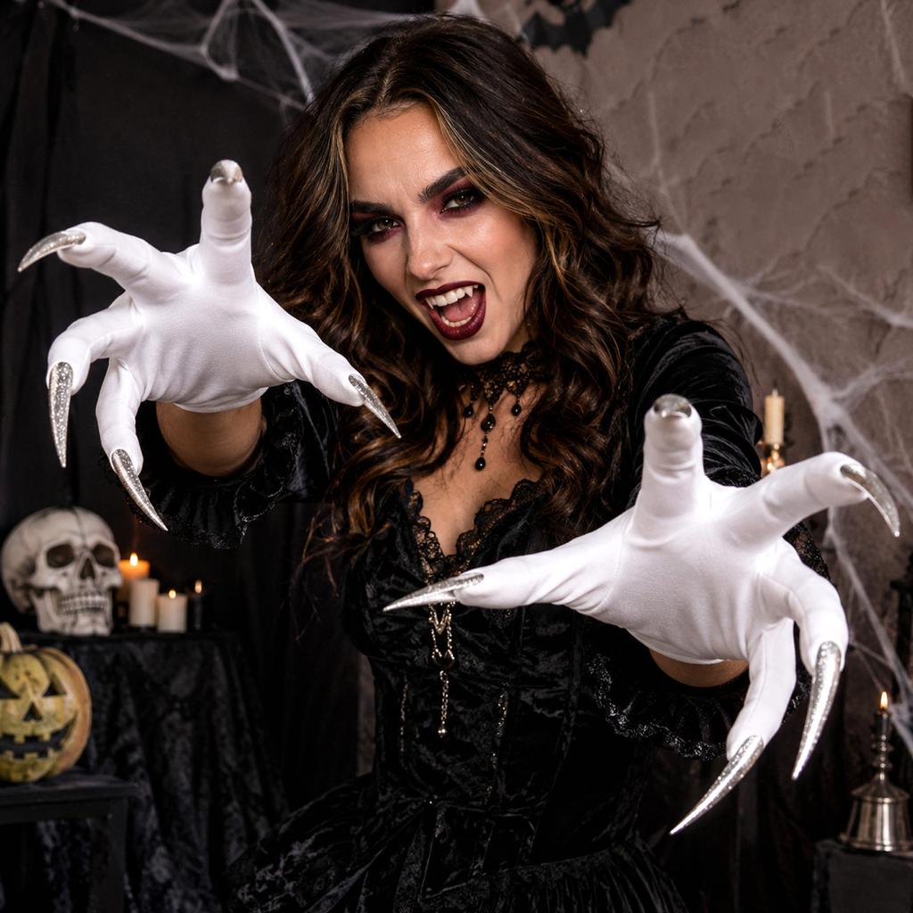 Темные Перчатки с Длинными Ногтями для Хэллоуинской Вечеринки Ведьм, Короткие, Эластичные