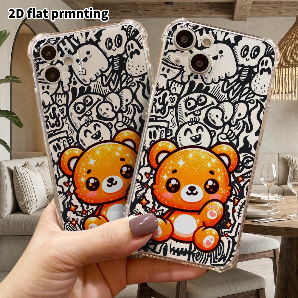Phone Case: 2D flat suitable for iPhone 18 17 16 15 14 13 Pro, transparent four corner protective case, orange gold glitter little bear, Christmas and