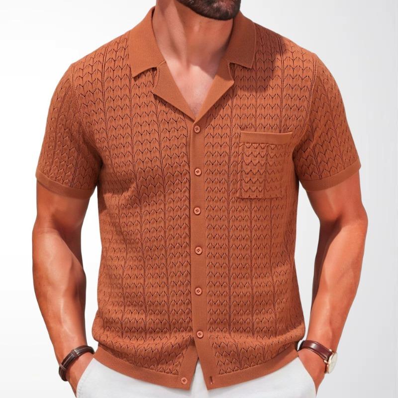 Men S Summer Cuban Collar Short Sleeve Knit Jacquard Polo Cardigan With Pocket